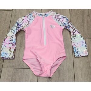 Toddler Girls Pink Hearts Flowers One Piece Swimsuit Rash Guard Size 2T